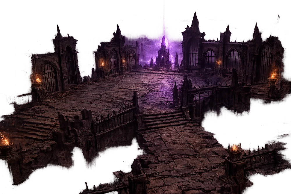 A lit stone causeway leading into a dungeon gate