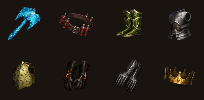 Eight equipment icons from the game