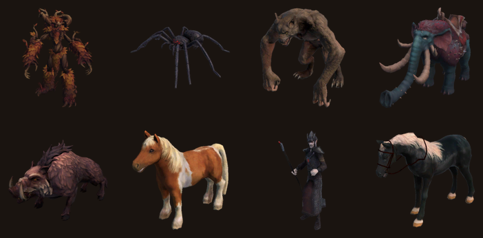 Eight captured creatures from the game