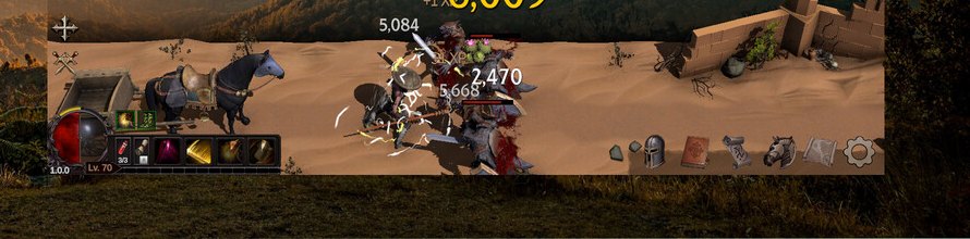 A slim game window running along the bottom of a desktop, showing a cart, a hero fighting in a desert and a row of menu icons.